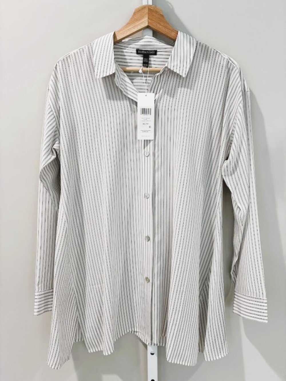Eileen Fisher Women 100% Silk Oversized Striped Button Down Tunic Blouse Classic
